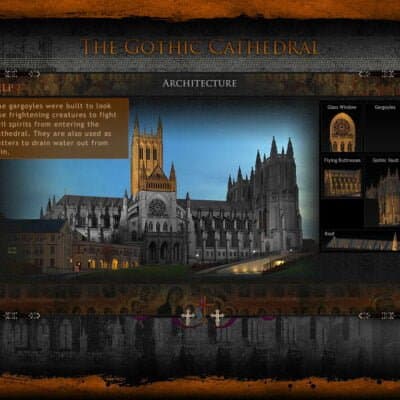 Architectural features of a Gothic cathedral, including vaulted ceilings, buttresses, and detailed stonework, emblematic of the Gothic architectural style.