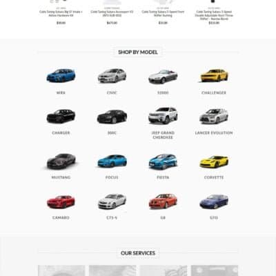 Homepage design for a car modification business, showcasing a detailed pricing structure, a variety of car models, and an array of offered services.